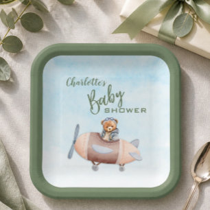 Airplane Bear Pilot Baby Shower Paper Plate