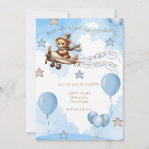Airplane Bear-y first birthday blue Invitation