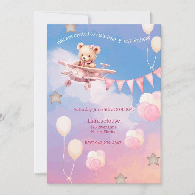 Airplane Bear-y first birthday pink Invitation (Front)