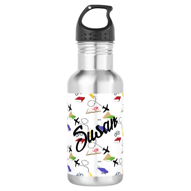 Airplane Bicycle Book Red Yellow Blue Travel Stainless Steel Water Bottle (Front)