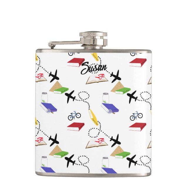 Airplane Bicycle Book Red Yellow Blue White Flask (Front)