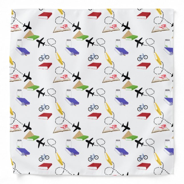Airplane Bicycle Book Red Yellow Blue White Travel Bandana (Front)