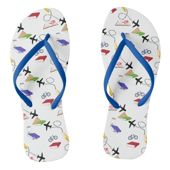 Airplane Bicycle Book Red Yellow Blue White Travel Flip Flops (Footbed)