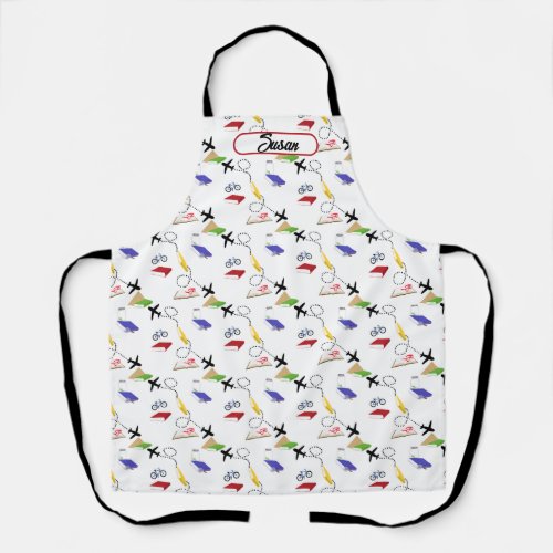 Airplane Bicycle Books Red Blue Yellow Travel Apron