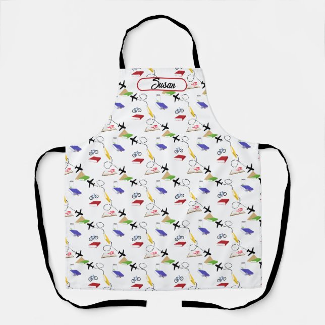 Airplane Bicycle Books Red Blue Yellow Travel Apron (Front)