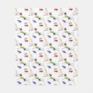 Airplane, Bicycle, Books, Red, Yellow, Blue Travel Fleece Blanket