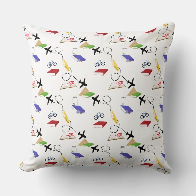 Airplane Bicycle Books Red Yellow Blue Travel Throw Pillow (Front)