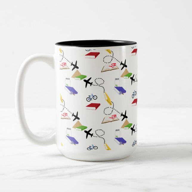 Airplane Bicycle Books Red Yellow Blue Travel Two-Tone Coffee Mug (Left)