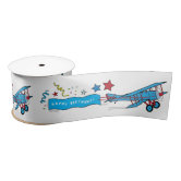 Vintage Airplanes in red on a cloud filled sky of blue printed on 5/8  white single face satin ribbon, 10 Yards