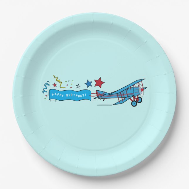 Airplane: Biplane Happy Birthday Banner Paper Plates (Front)