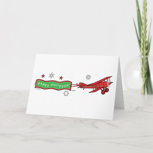 Airplane Biplane Happy Holidays Christmas Holiday Card (Front)