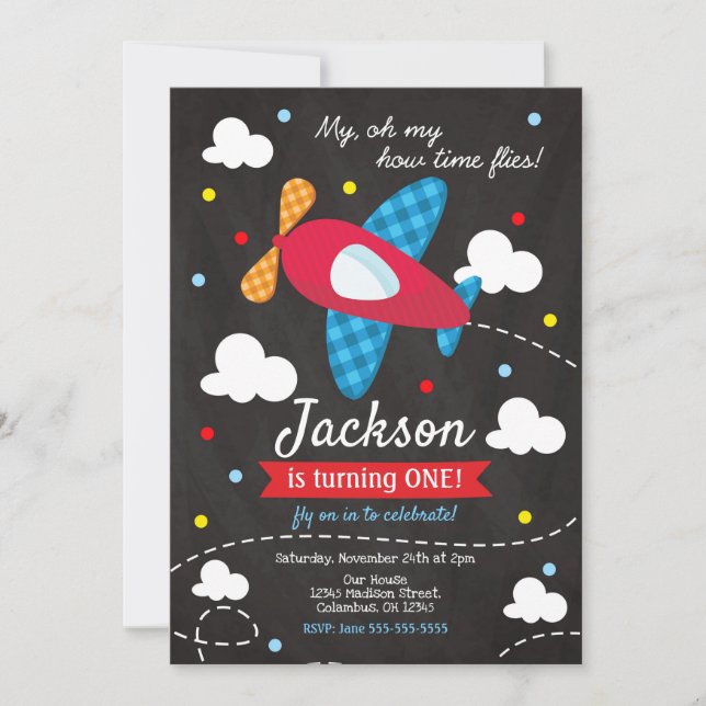 Airplane Birthday Invitation Boy / Time Flies (Front)