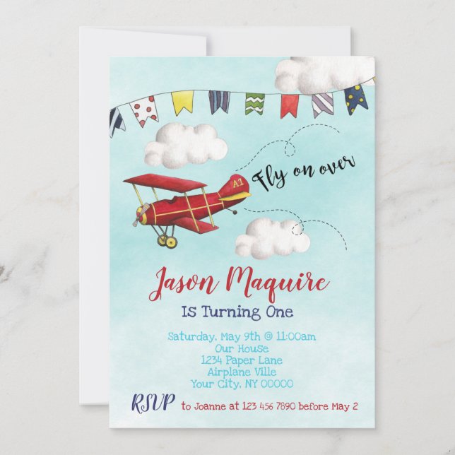 Airplane Birthday Invitation for 1st Birthday Boy, (Front)