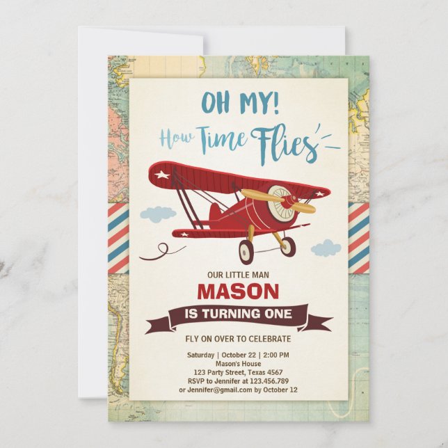Airplane Birthday Invitation Time flies Plane Boy (Front)