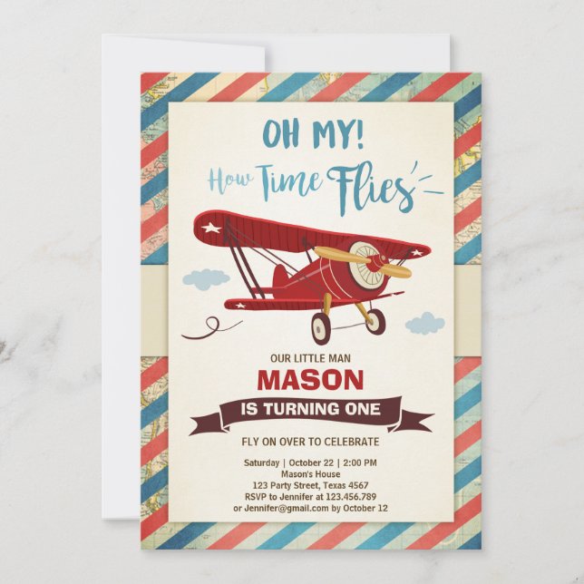 Airplane Birthday Invitation Time flies Plane Boy (Front)
