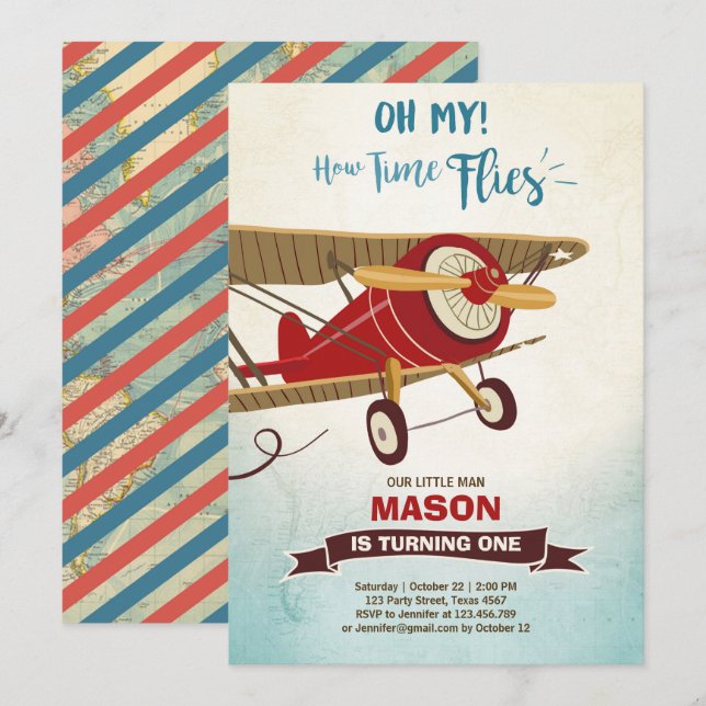 Airplane Birthday Invitation Time flies Plane Boy (Front/Back)