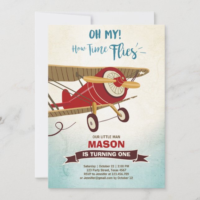Airplane Birthday Invitation Time flies Plane Boy (Front)