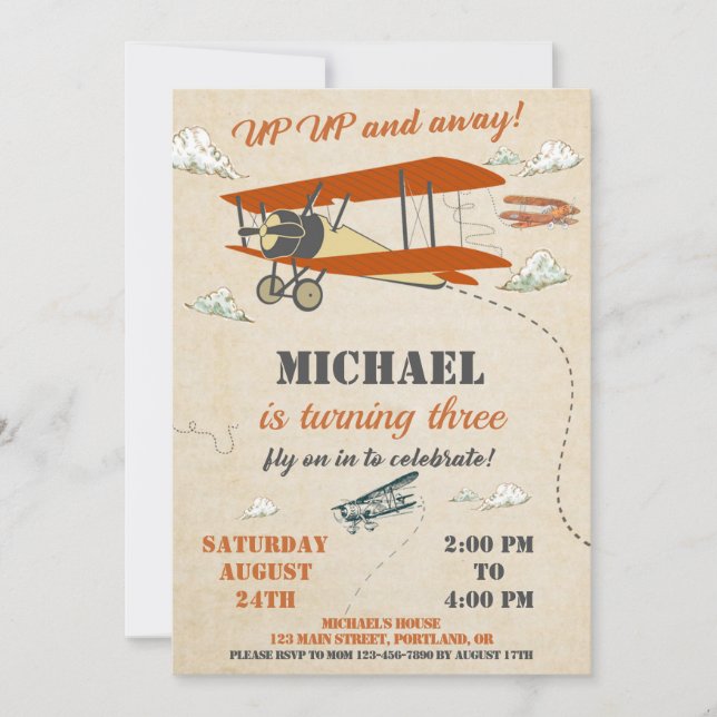 Airplane birthday invitation Up up and away invite (Front)