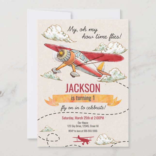Airplane Birthday Invitation Vintage Time Flies (Front)