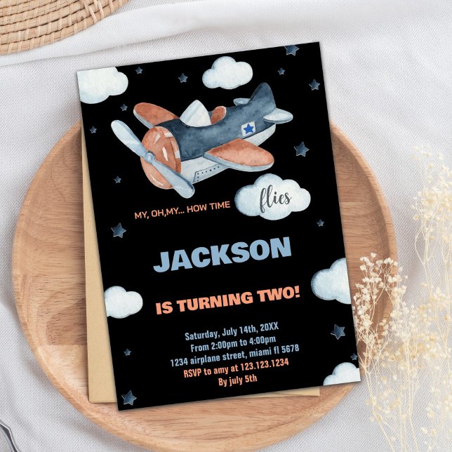Airplane Birthday Invitations 2nd Blue Black BK (Airplane Birthday Invitations 2nd Blue Black BK)