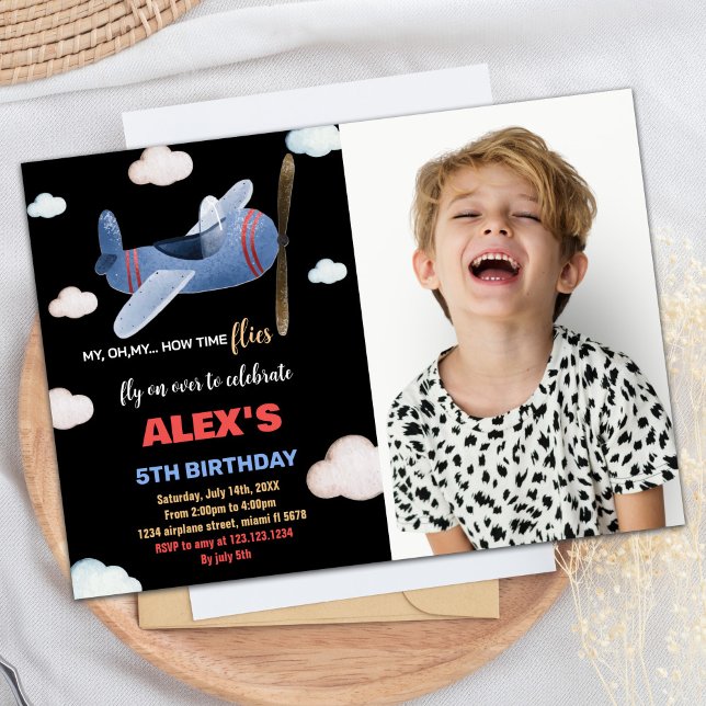 Airplane Birthday Invitations Black Blue w Photo (Airplane Birthday Invitations Black Blue w Photo)
