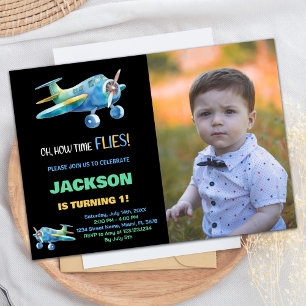 Airplane Birthday Invitations Black Blue w Photo