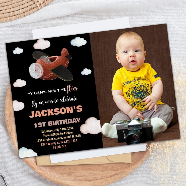 Airplane Birthday Invitations Black Brown w Photo (Airplane Birthday Invitations Black Brown w Photo)