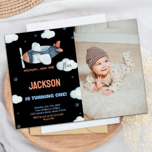 Airplane Birthday Invitations Black Brown W Photo