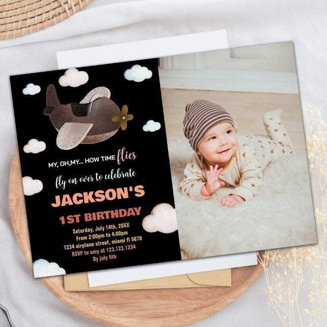 Airplane Birthday Invitations Black Brown w Photo (Airplane Birthday Invitations Black Brown w Photo)