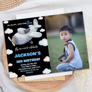Airplane Birthday Invitations Black Gray w Photo