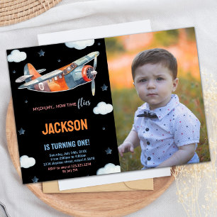 Airplane Birthday Invitations Black Orange w Photo