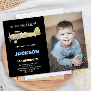 Airplane Birthday Invitations Black with photo