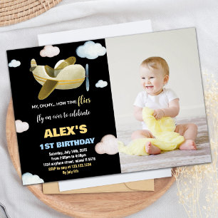 Airplane Birthday Invitations Black Yellow w Photo