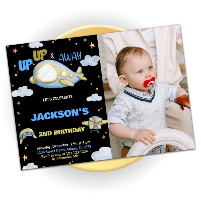 Airplane Birthday Invitations Blue Black w photo (Airplane Birthday Invitations Blue Black w photo)