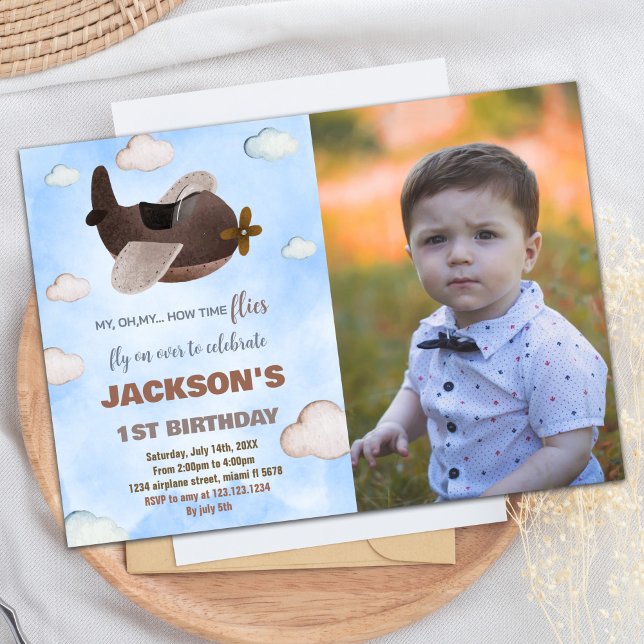 Airplane Birthday Invitations Blue Brown W Photo (Airplane Birthday Invitations Blue Brown W Photo)