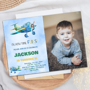 Airplane Birthday Invitations Blue Green w photo