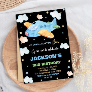 Airplane Birthday Invitations Blue Orange Black BK