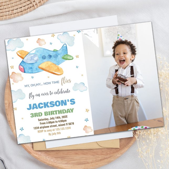 Airplane Birthday Invitations Blue Orange W Photo (Airplane Birthday Invitations Blue Orange W Photo)