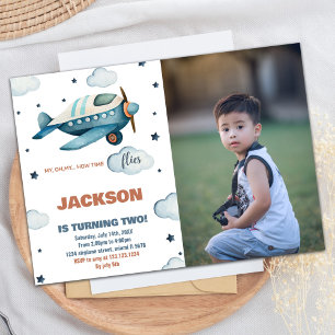 Airplane Birthday Invitations Blue With Photo