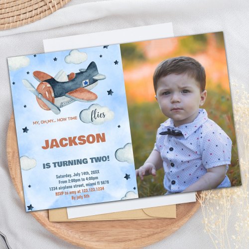 Airplane Birthday Invitations Blue With Photo