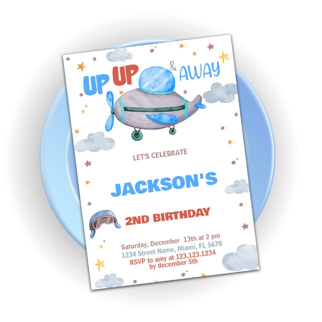 Airplane Birthday Invitations Brown Blue Orange (Airplane Birthday Invitations Brown Blue Orange)