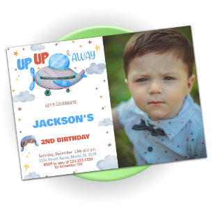 Airplane Birthday Invitations Brown Blue w photo