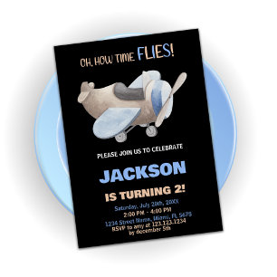 Airplane Birthday Invitations Brown Gray Black