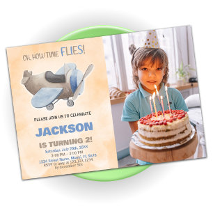 Airplane Birthday Invitations Brown Gray w photo