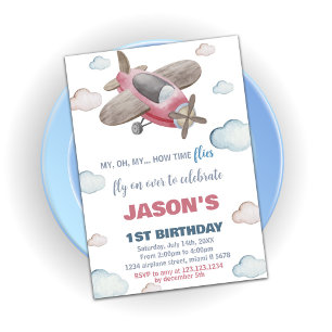Airplane Birthday Invitations Brown Red