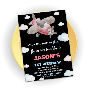Airplane Birthday Invitations Brown Red Black