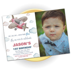 Airplane Birthday Invitations Brown Red with photo