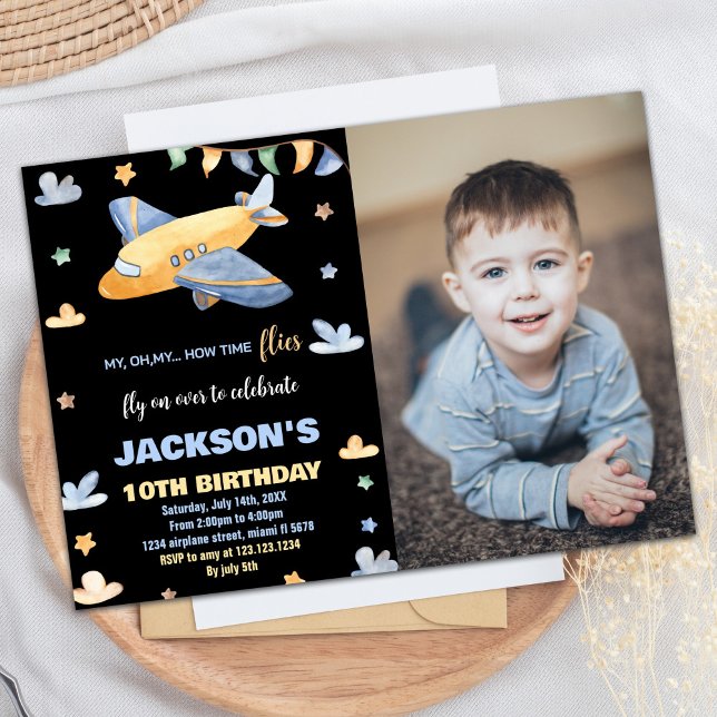Airplane Birthday Invitations Gray Black W Photo (Airplane Birthday Invitations Gray Black W Photo)