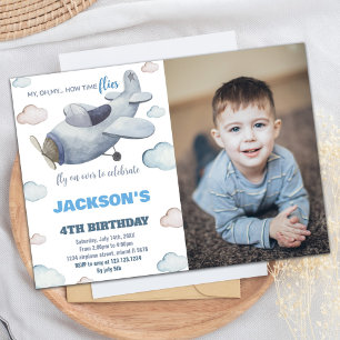 Airplane Birthday Invitations Gray Blue W Photo