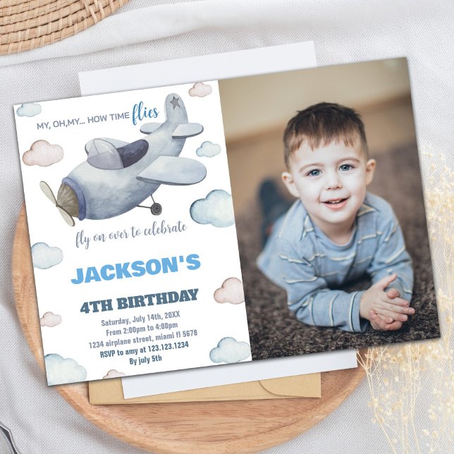 Airplane Birthday Invitations Gray Blue W Photo (Airplane Birthday Invitations Gray Blue W Photo)